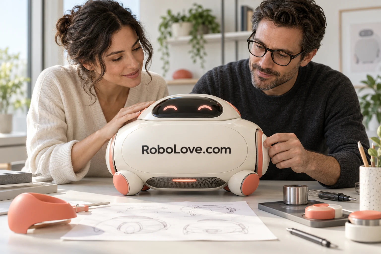 Creative robotics workspace with RoboLove.com branding