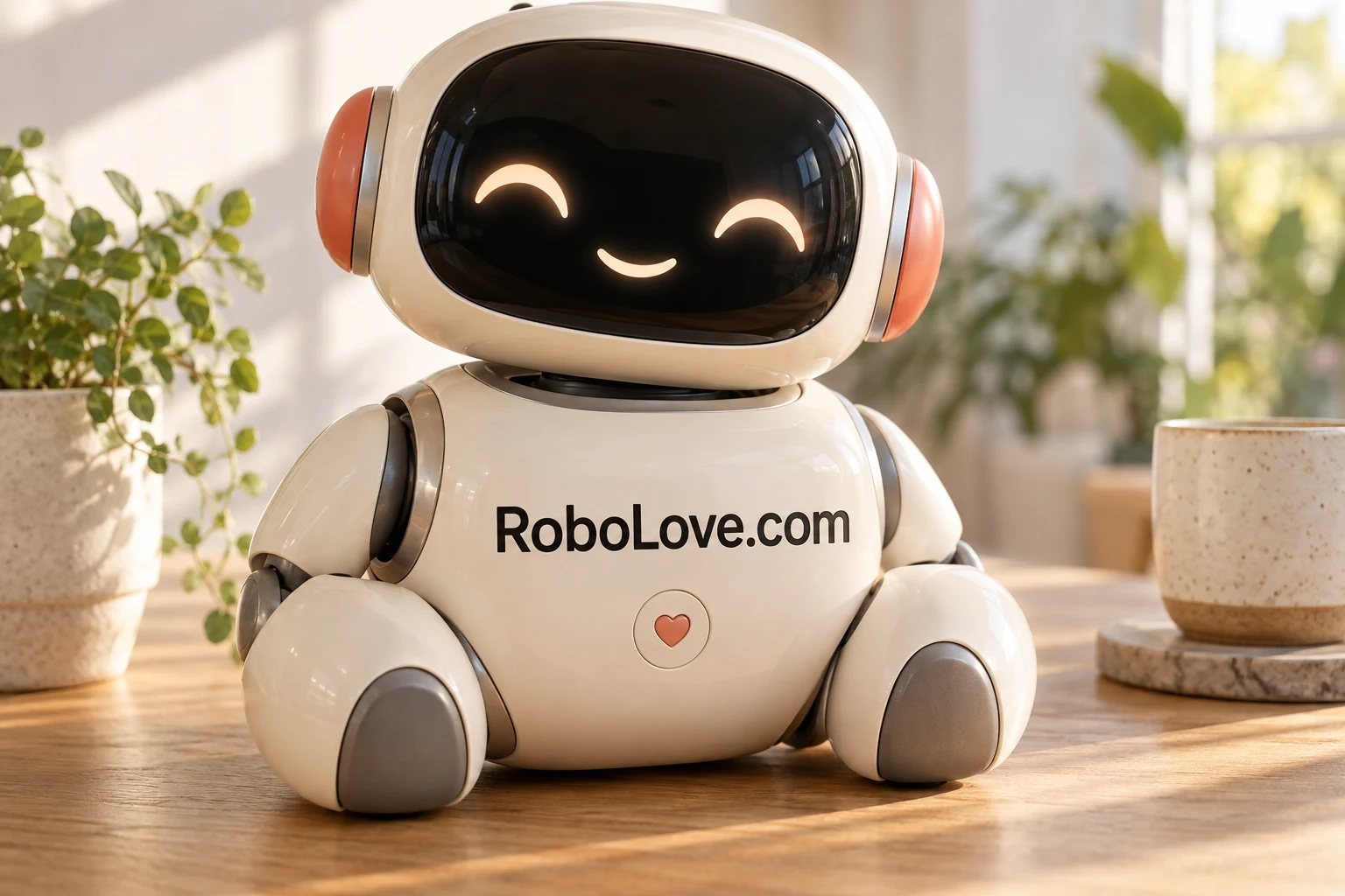 Friendly ivory and coral robot with RoboLove.com on its body